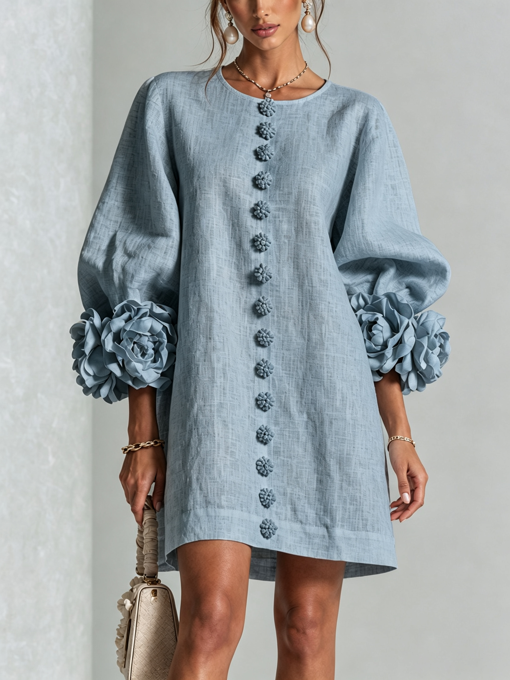 💝💝White Floral Button-down Mini Dress With Striking Floral Cuffs