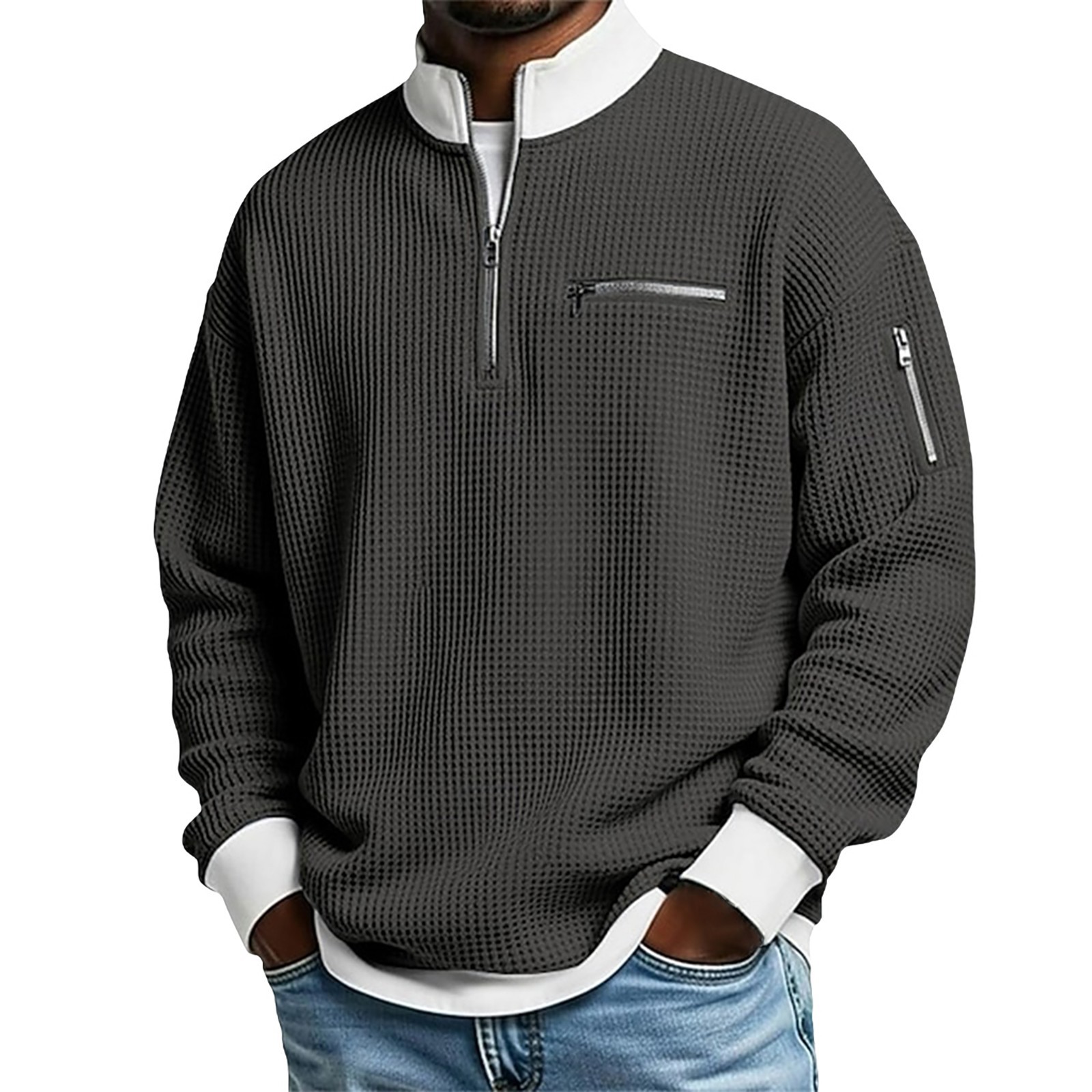Men's Waffle Half-Zip Stand Collar Pullover with Zip Pockets