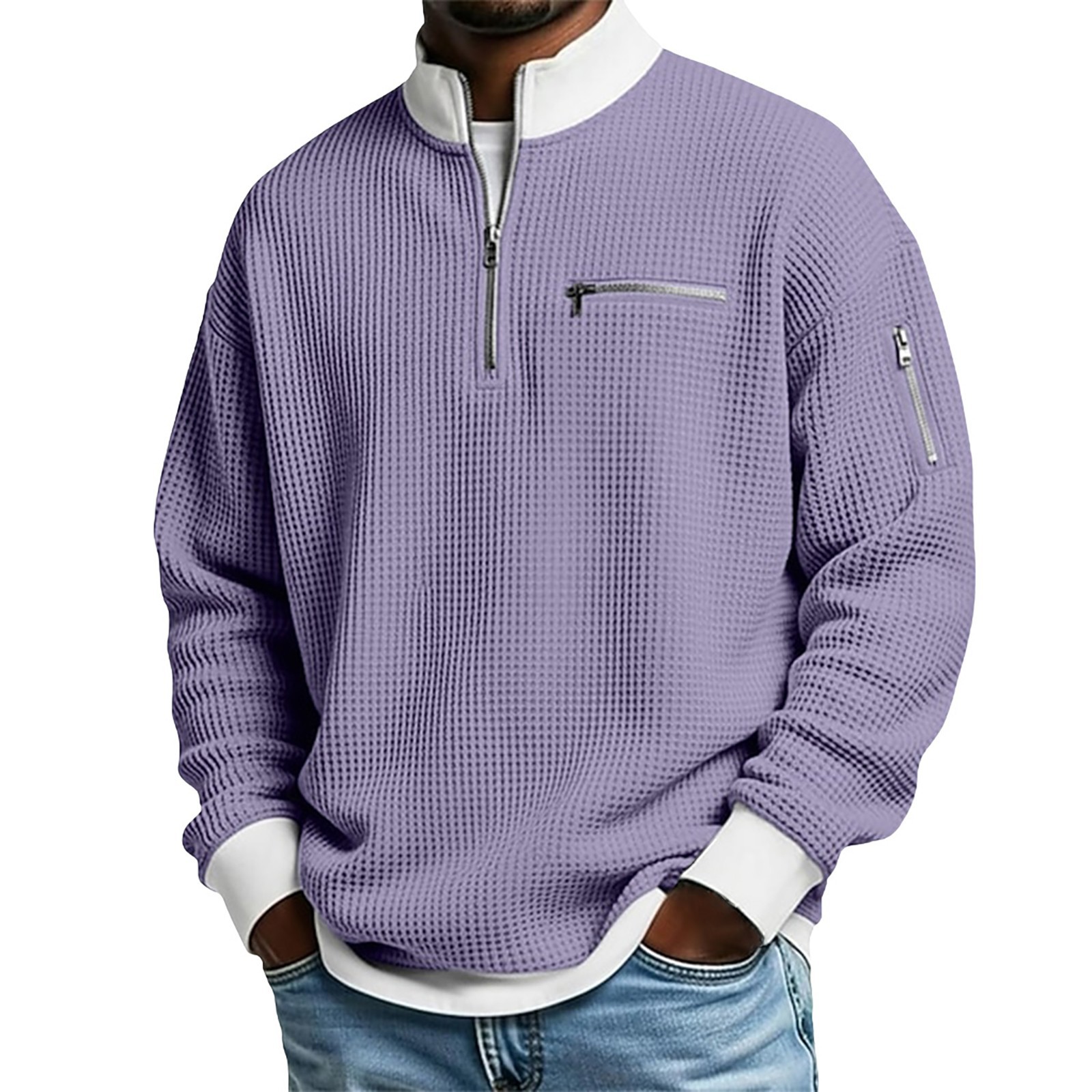 Men's Waffle Half-Zip Stand Collar Pullover with Zip Pockets