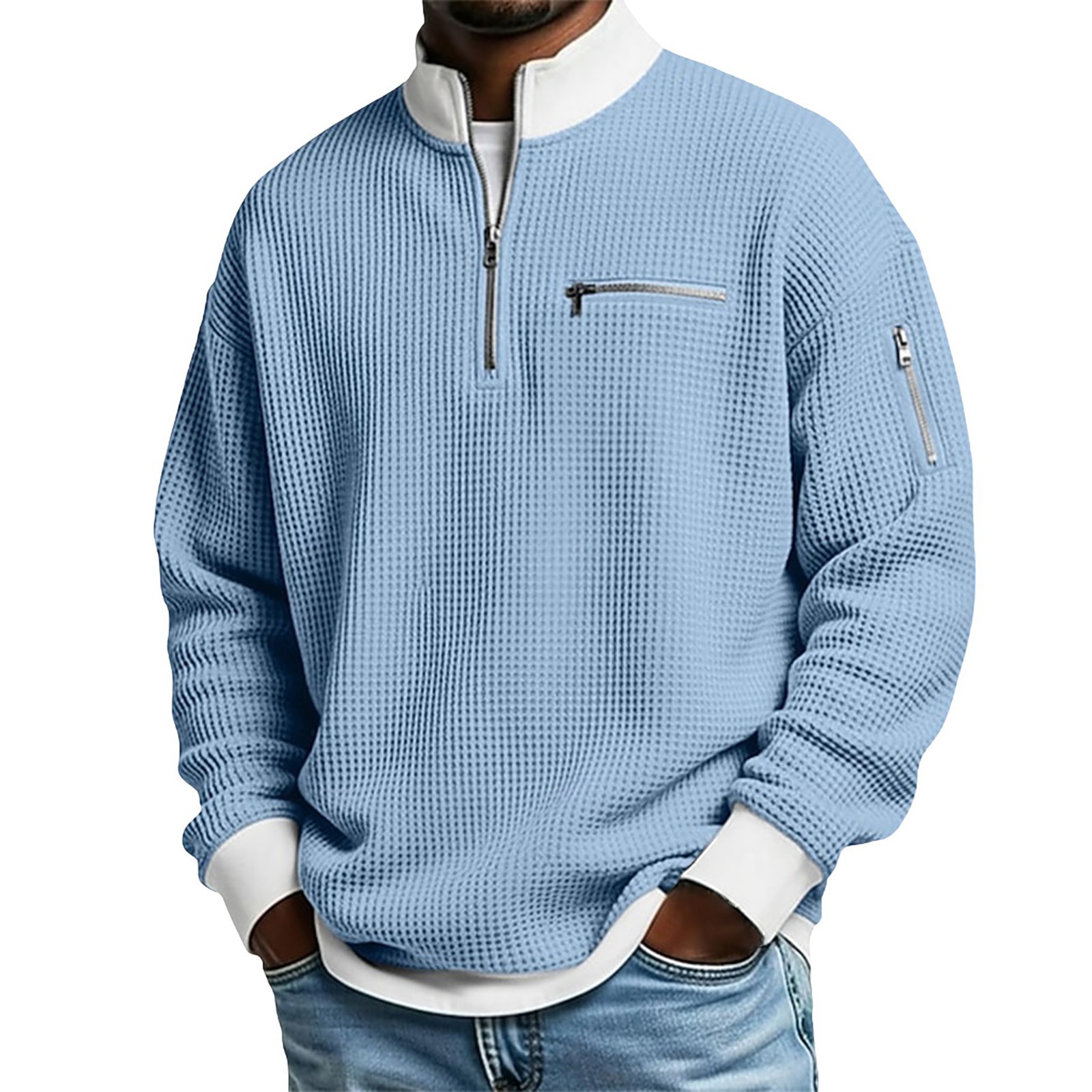 Men's Waffle Half-Zip Stand Collar Pullover with Zip Pockets