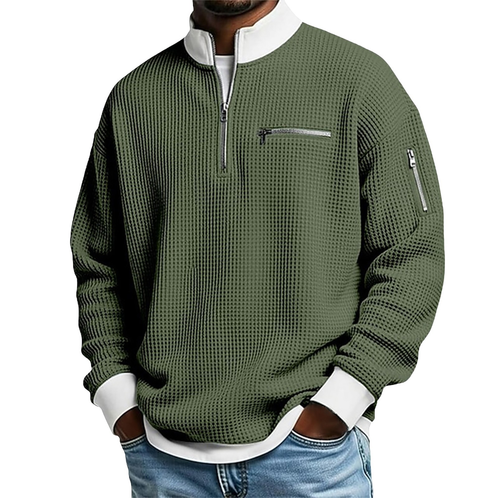 Men's Waffle Half-Zip Stand Collar Pullover with Zip Pockets