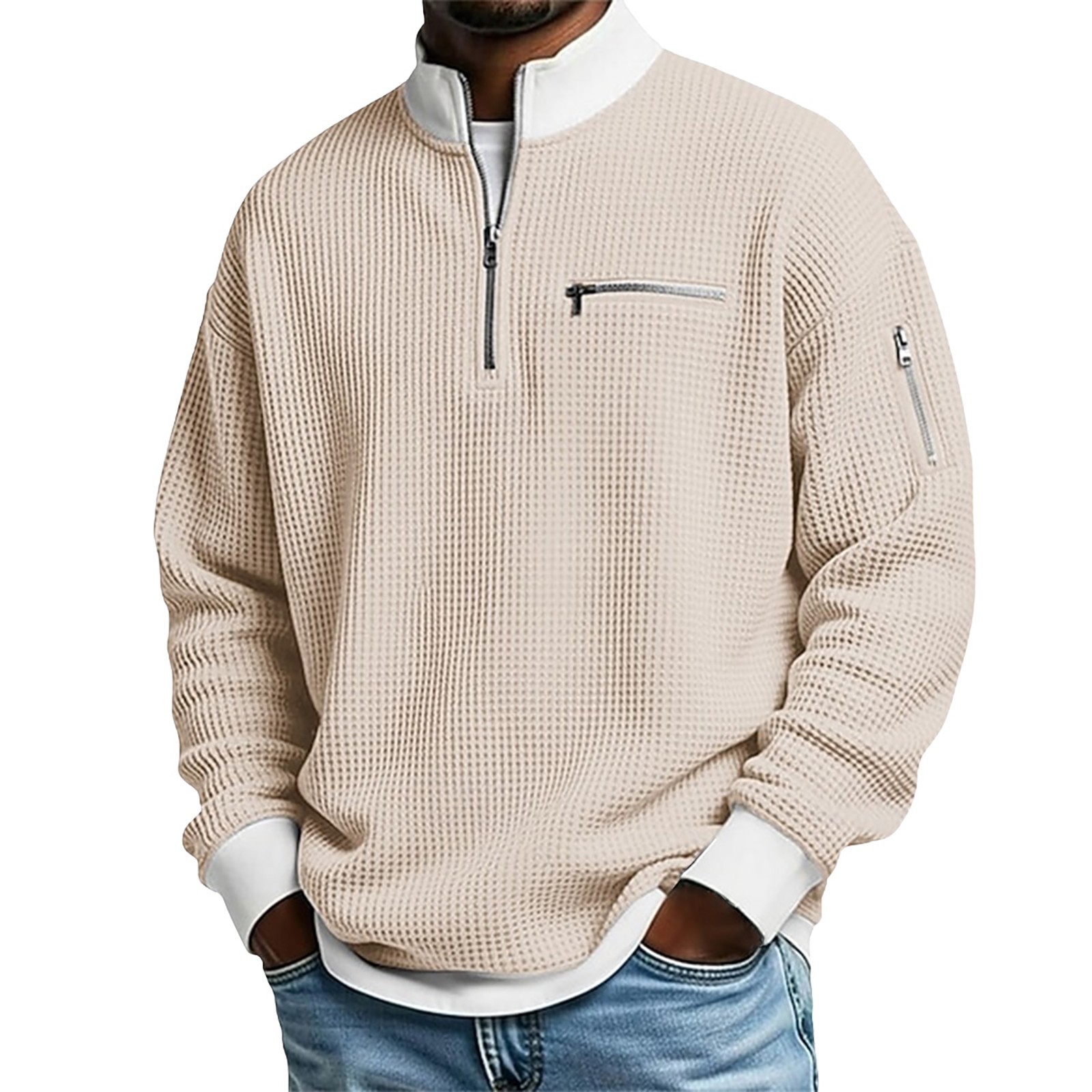 Men's Waffle Half-Zip Stand Collar Pullover with Zip Pockets