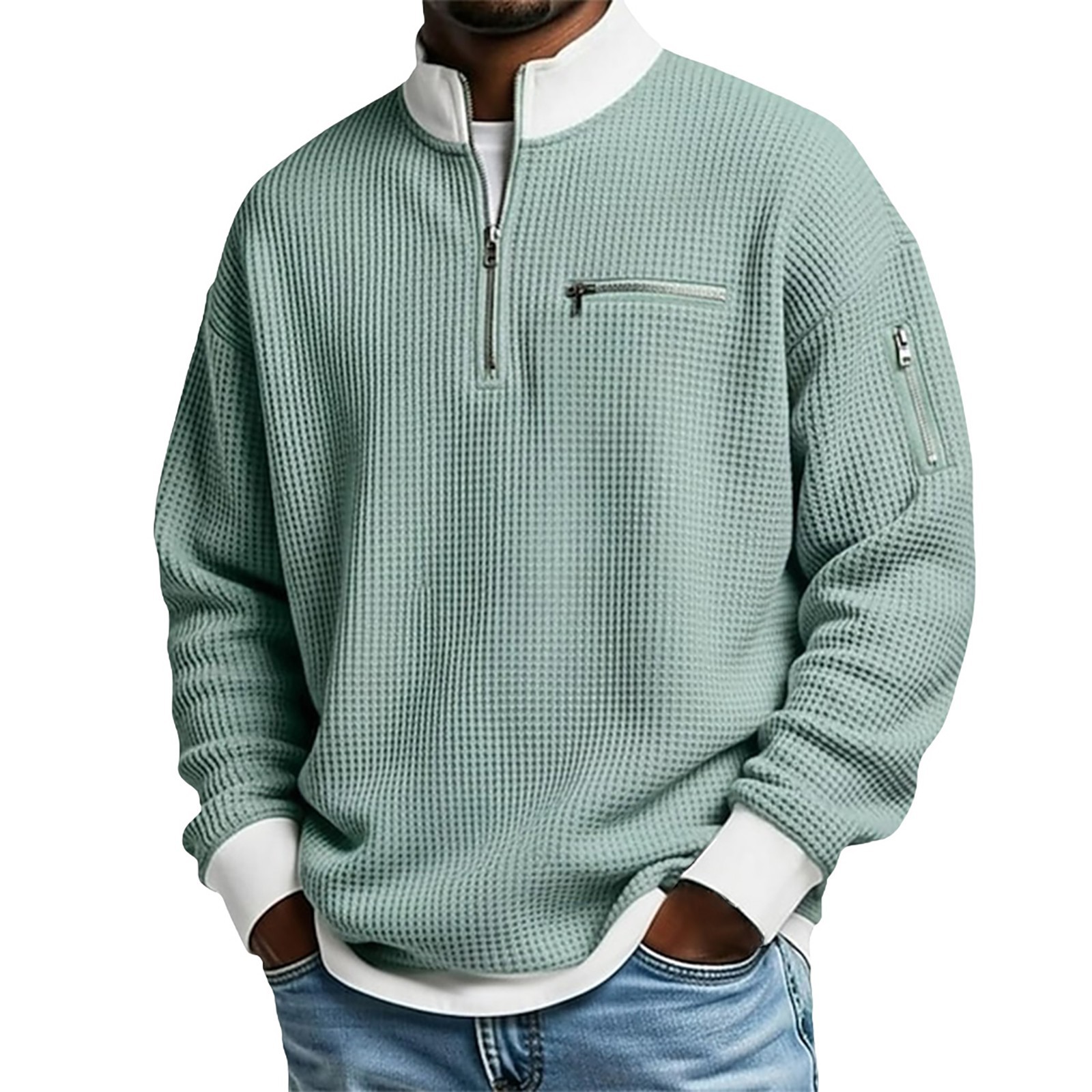 Men's Waffle Half-Zip Stand Collar Pullover with Zip Pockets