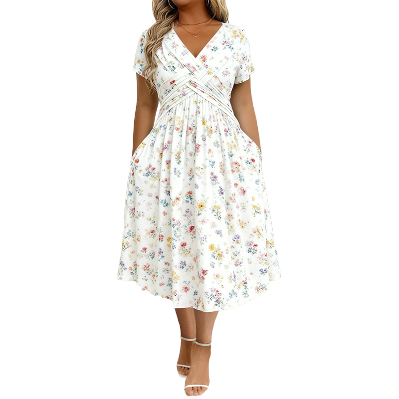 🔥Clearance Sale---Women's V-Neck Floral Print Dress with Twist Waist
