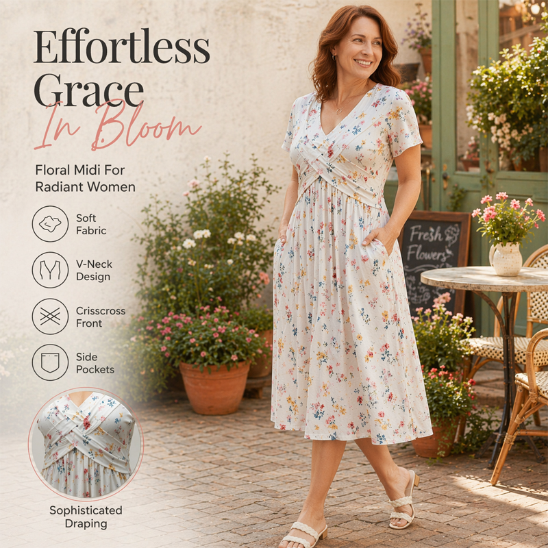 🔥Clearance Sale---Women's V-Neck Floral Print Dress with Twist Waist