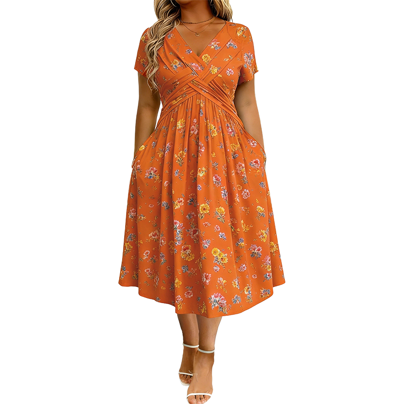 🔥Clearance Sale---Women's V-Neck Floral Print Dress with Twist Waist