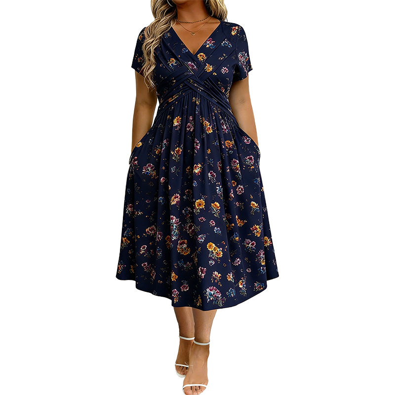 🔥Clearance Sale---Women's V-Neck Floral Print Dress with Twist Waist