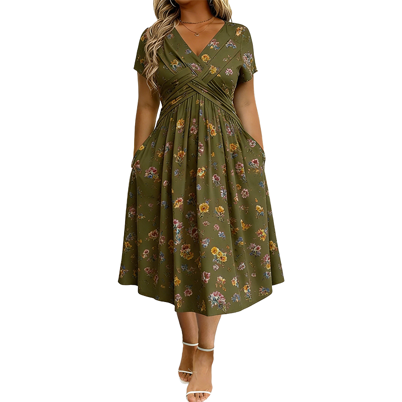 🔥Clearance Sale---Women's V-Neck Floral Print Dress with Twist Waist