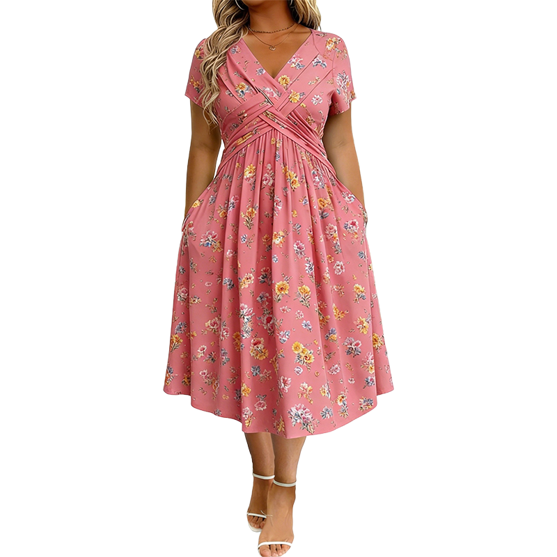 🔥Clearance Sale---Women's V-Neck Floral Print Dress with Twist Waist