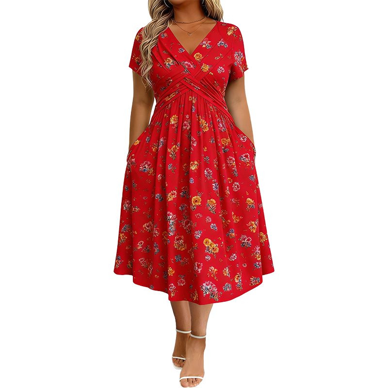 🔥Clearance Sale---Women's V-Neck Floral Print Dress with Twist Waist