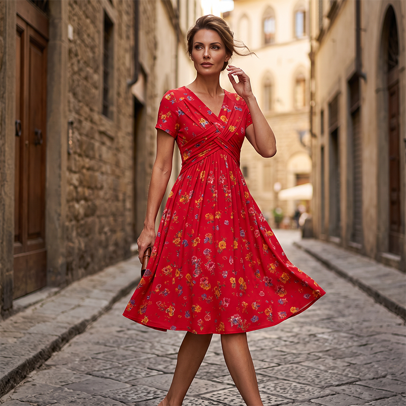 🔥Clearance Sale---Women's V-Neck Floral Print Dress with Twist Waist
