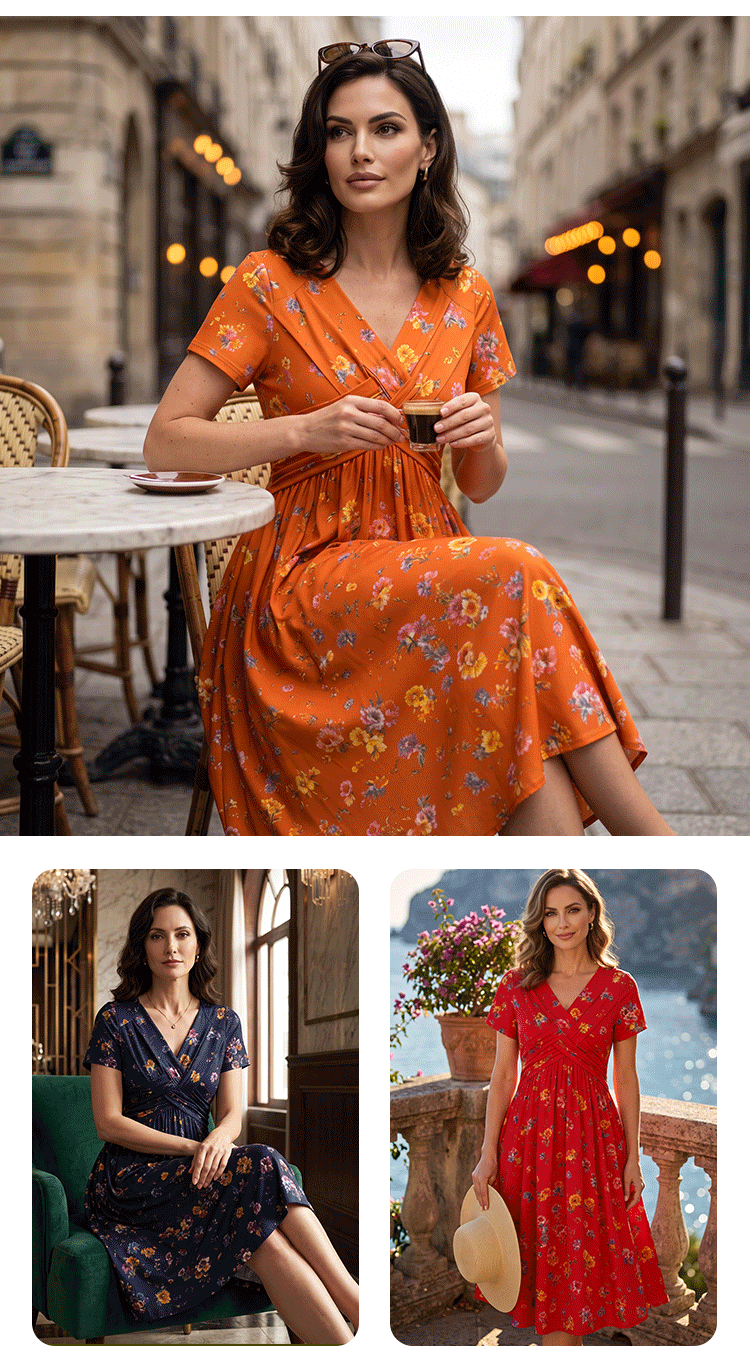 🔥Clearance Sale---Women's V-Neck Floral Print Dress with Twist Waist