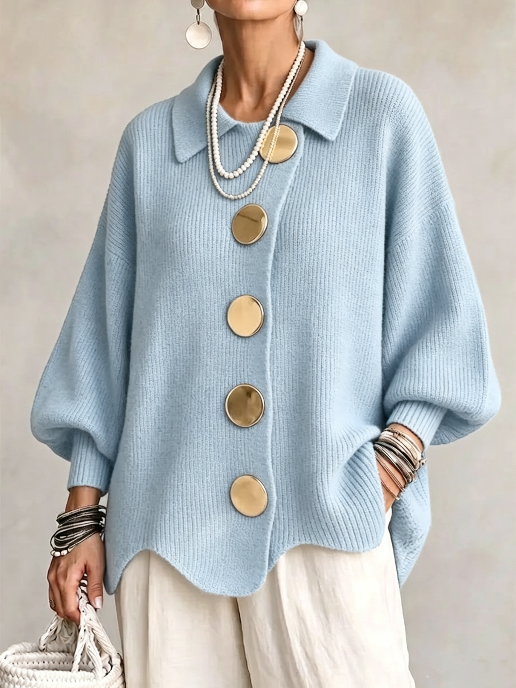 CLEARANCE SALE🔥 Oversized Collared Knit Cardigan With Large Metal Buttons