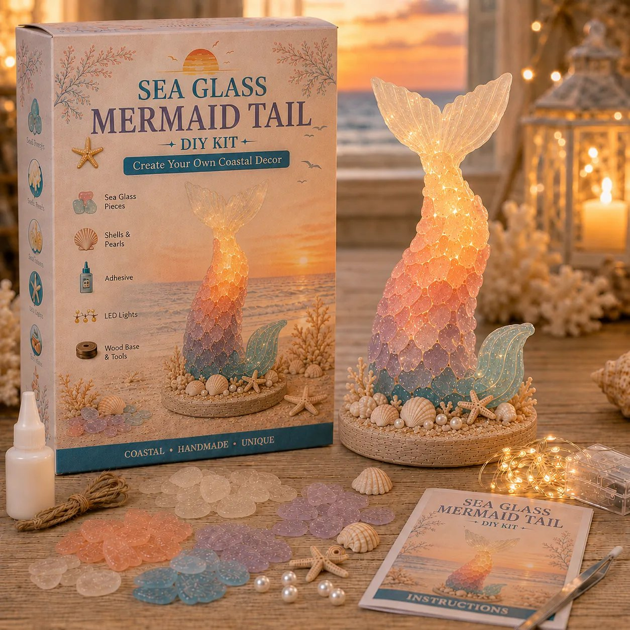 🌊 Beginner-Friendly DIY Glowing Sea Glass-Style Ocean Art Kit Collection | Complete Kit with Sea Glass-Style Pieces, LED Lights & Step-by-Step Guide Included 💕