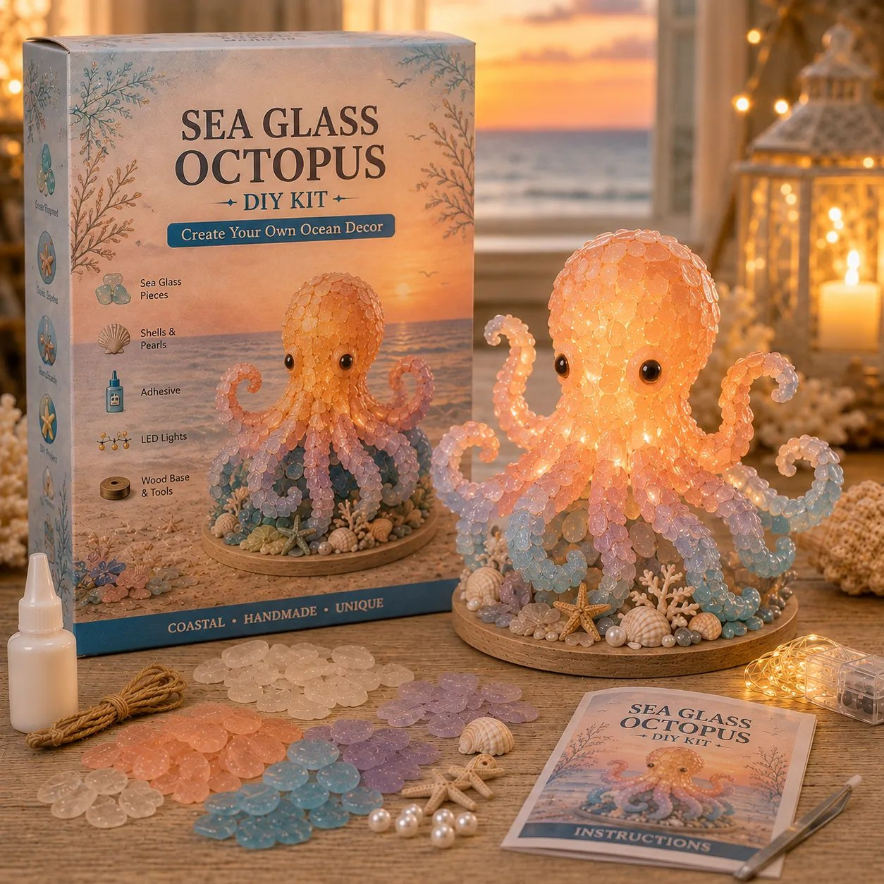 🌊 Beginner-Friendly DIY Glowing Sea Glass-Style Ocean Art Kit Collection | Complete Kit with Sea Glass-Style Pieces, LED Lights & Step-by-Step Guide Included 💕