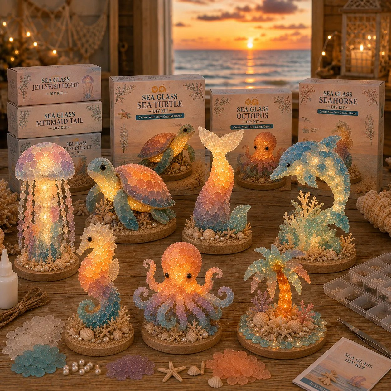 🌊 Beginner-Friendly DIY Glowing Sea Glass-Style Ocean Art Kit Collection | Complete Kit with Sea Glass-Style Pieces, LED Lights & Step-by-Step Guide Included 💕