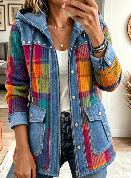 Chic Denim Patchwork Suede Hooded Jacket
