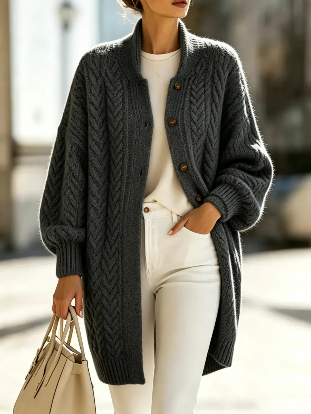 Chic Cozy Oversized Cable-knit Wool Blend Cardigan