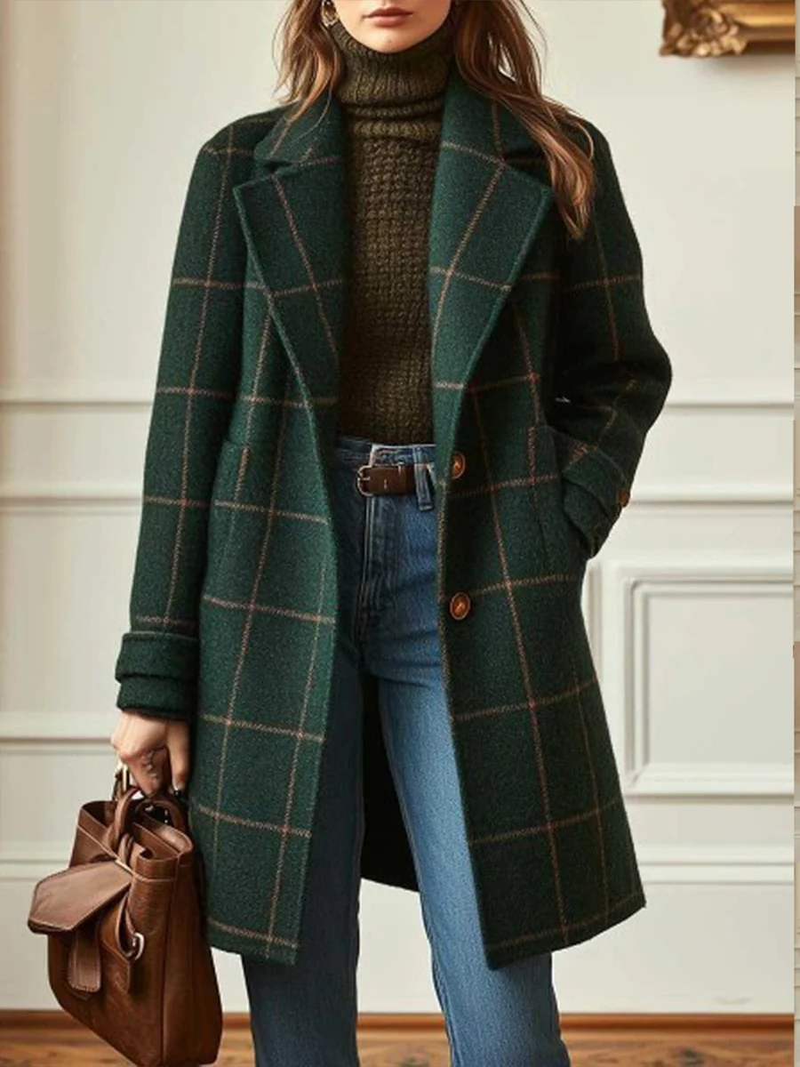 Windowpane Plaid Wool-Blend Coat