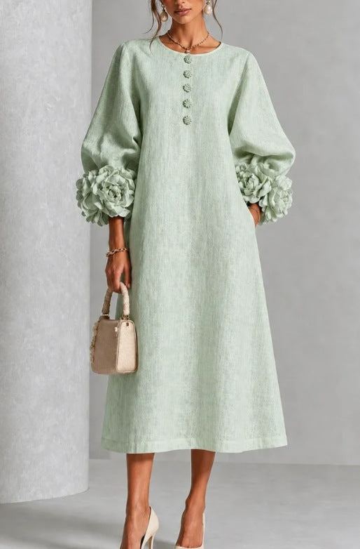 🤲LAST DAY SAVE 70% ⏰3D Floral Cuff Midi Dress – Relaxed A-Line Button Front