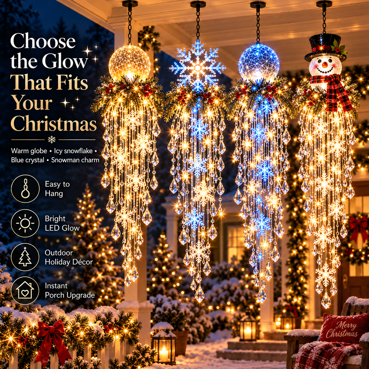 ❄️Crystal Cascade Christmas Light – Hanging Snowflake & Crystal LED Porch Décor ✨