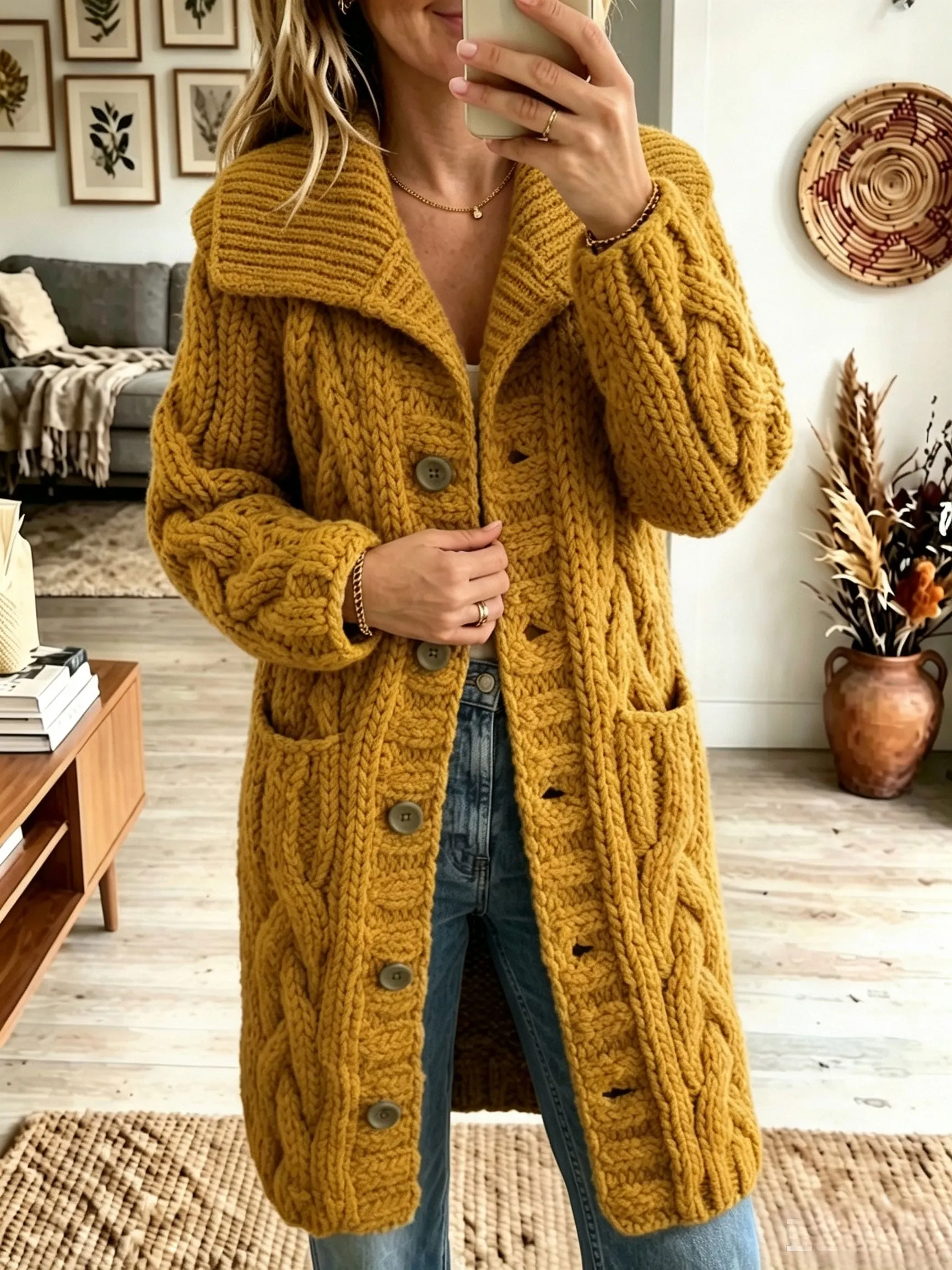 Women Lapel Chunky Cable Knit Cardigan Button‐Front Mid‐Length Sweater Coat