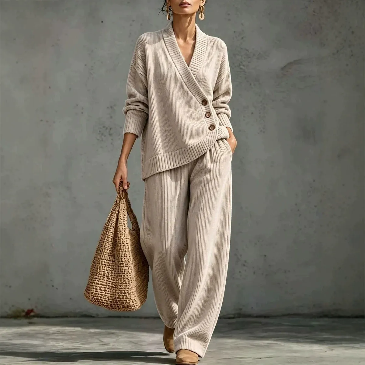 Women's Wrap V-Neck Knit Top & Wide Leg Pants Two Piece Loungewear Set