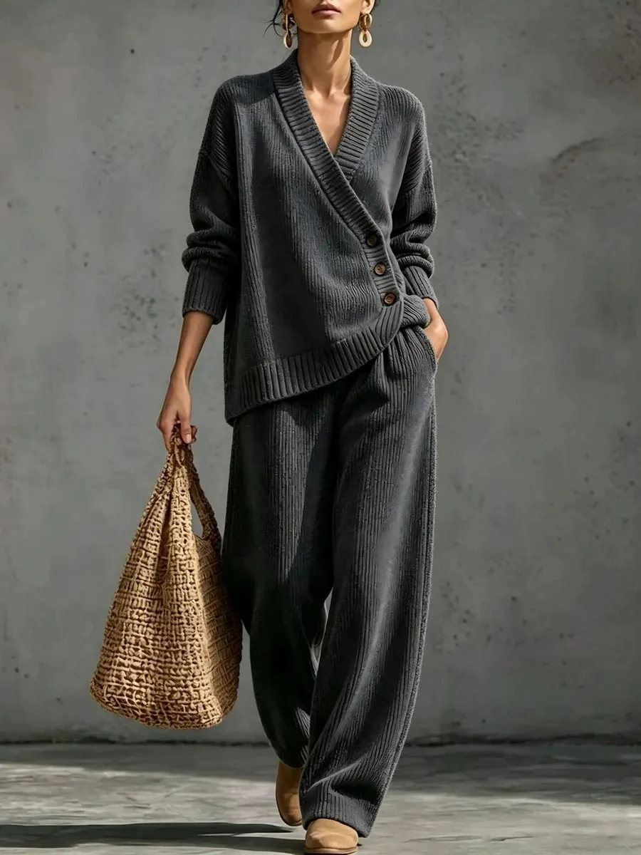Women's Wrap V-Neck Knit Top & Wide Leg Pants Two Piece Loungewear Set