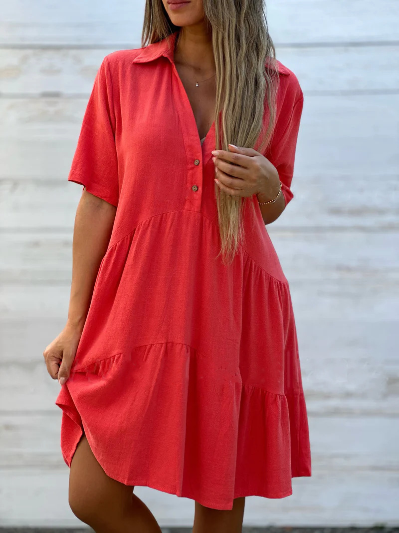 Womens Cotton Linen Dresses Summer Casual Loose Fit Sundress V Neck Button Down Short Sleeve Mini Dress