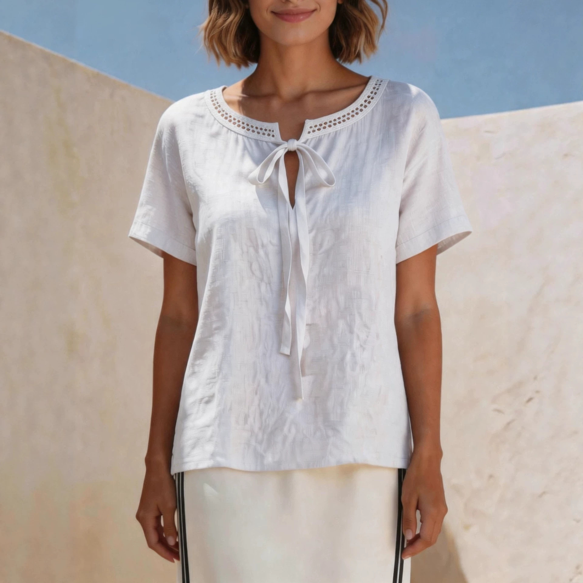 Elegant Lace Trim Tie Front Summer T Shirts for Women Fresh Fashion Casual Blouse