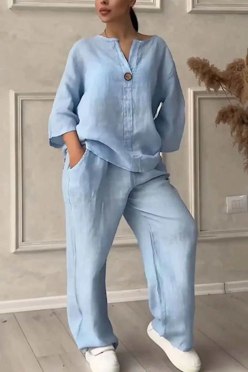 V-neck Long-sleeved Top + Wide-leg Pants Two-piece Loose Set For Women Spring Summer Fashion Solid Color Elegant Casual Suit