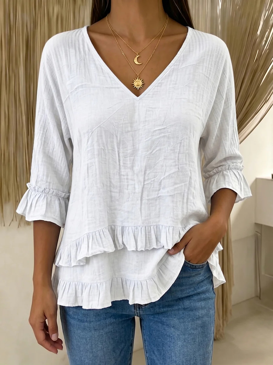 👚Cotton Linen Ruffle V Neck 3/4 Sleeve Women Blouse✨