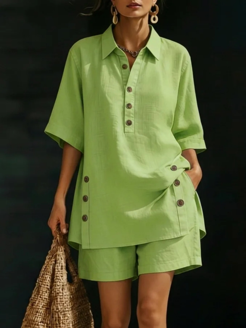 🎄Cozy Loose-fitting Button Shirt And Shorts Linen Two-piece Set