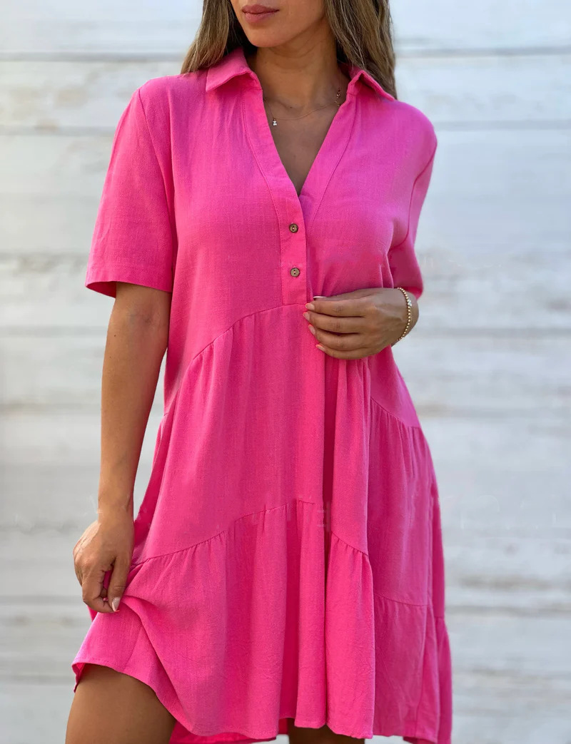 Womens Cotton Linen Dresses Summer Casual Loose Fit Sundress V Neck Button Down Short Sleeve Mini Dress