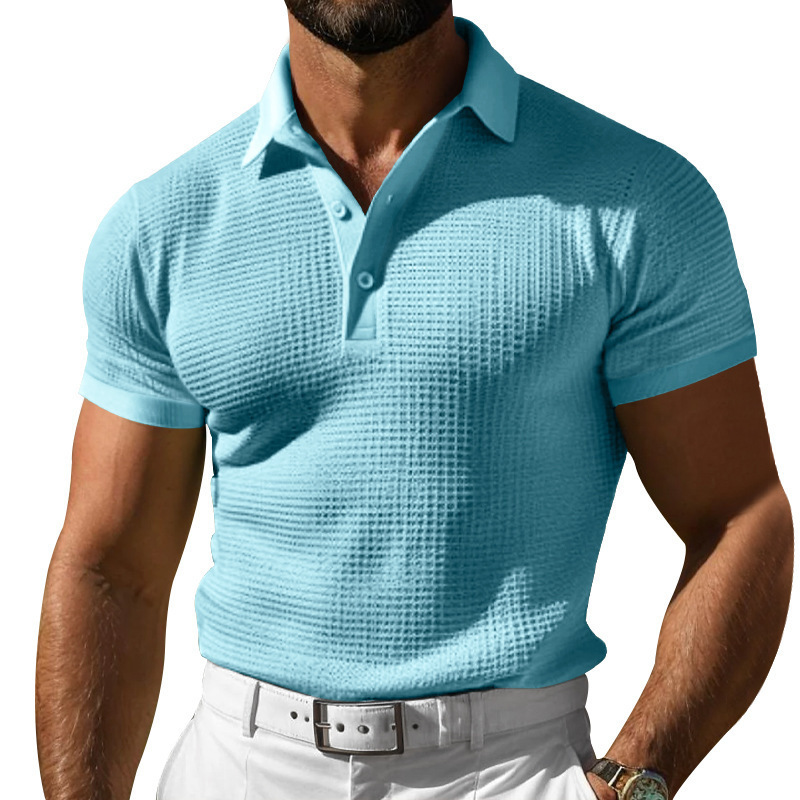 Waffle Short Sleeve Polo Shirt Men’s Fashion Summer Lapel Tops