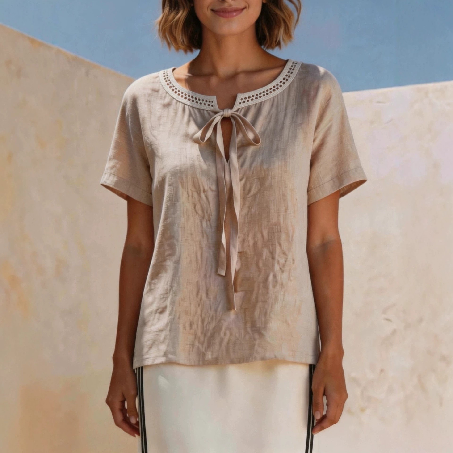 Elegant Lace Trim Tie Front Summer T Shirts for Women Fresh Fashion Casual Blouse
