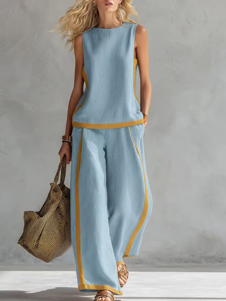 NEW🔥Women's Contrast Stripe Sleeveless Top & Wide-Leg Pants Set