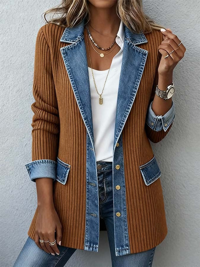 Elegant Mixed Media Denim Knit Cardigan Open Front Lapel Sweater Coat Mid Length Comfort Fit Outerwear