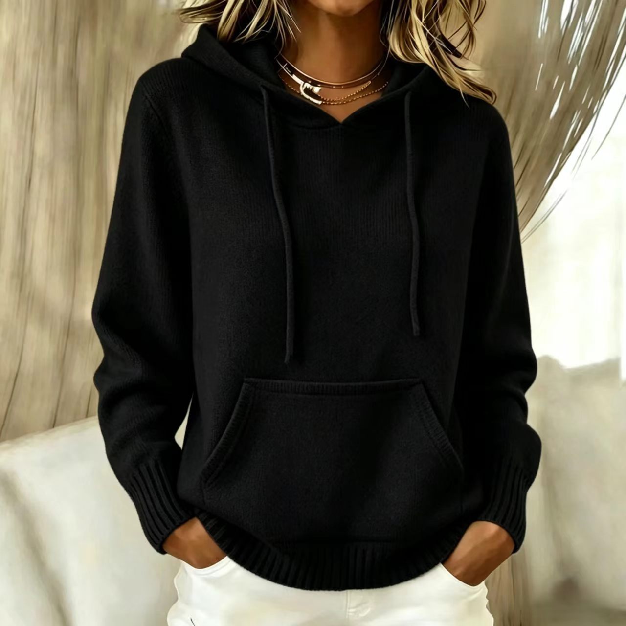 Women Loose Long Sleeve Knit Hoodie Pullover with Pocket, Casual Solid Hooded Sweater for Fall