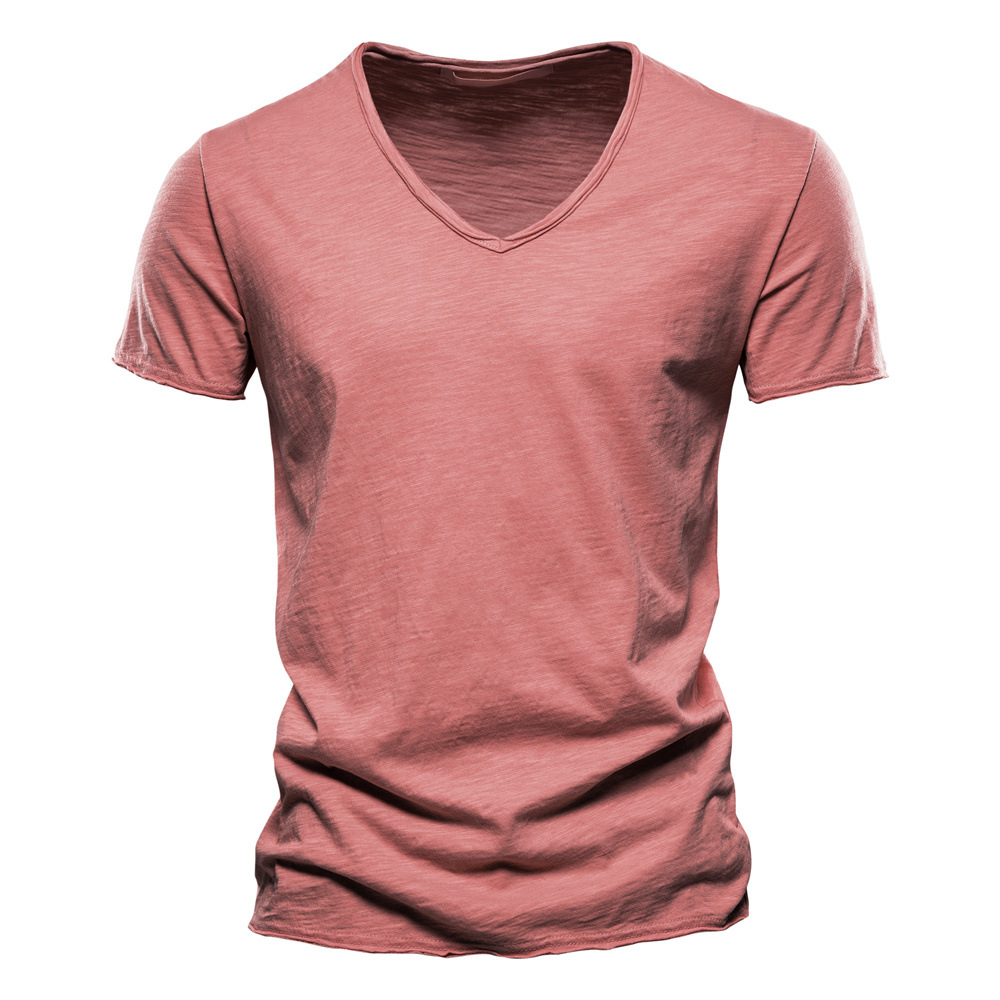 Men’s Solid 100% Cotton V-Neck Slim Fit Short Sleeve Casual Tee