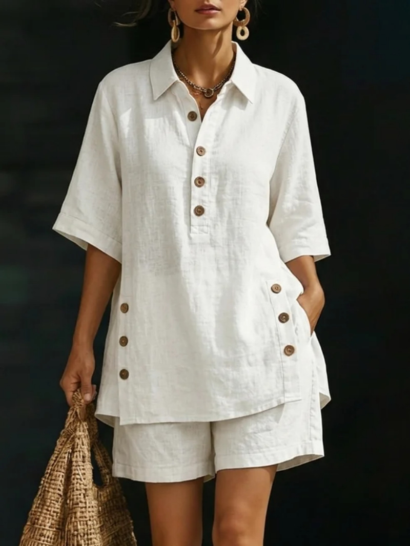 🎄Cozy Loose-fitting Button Shirt And Shorts Linen Two-piece Set