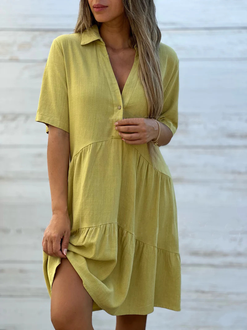 Womens Cotton Linen Dresses Summer Casual Loose Fit Sundress V Neck Button Down Short Sleeve Mini Dress