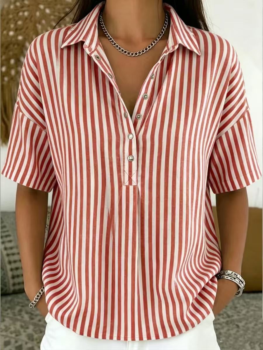 Striped Print Gauze Shirts for Women Casual Collared V Neck Blouses Dressy Casual Half Sleeve Tshirts 