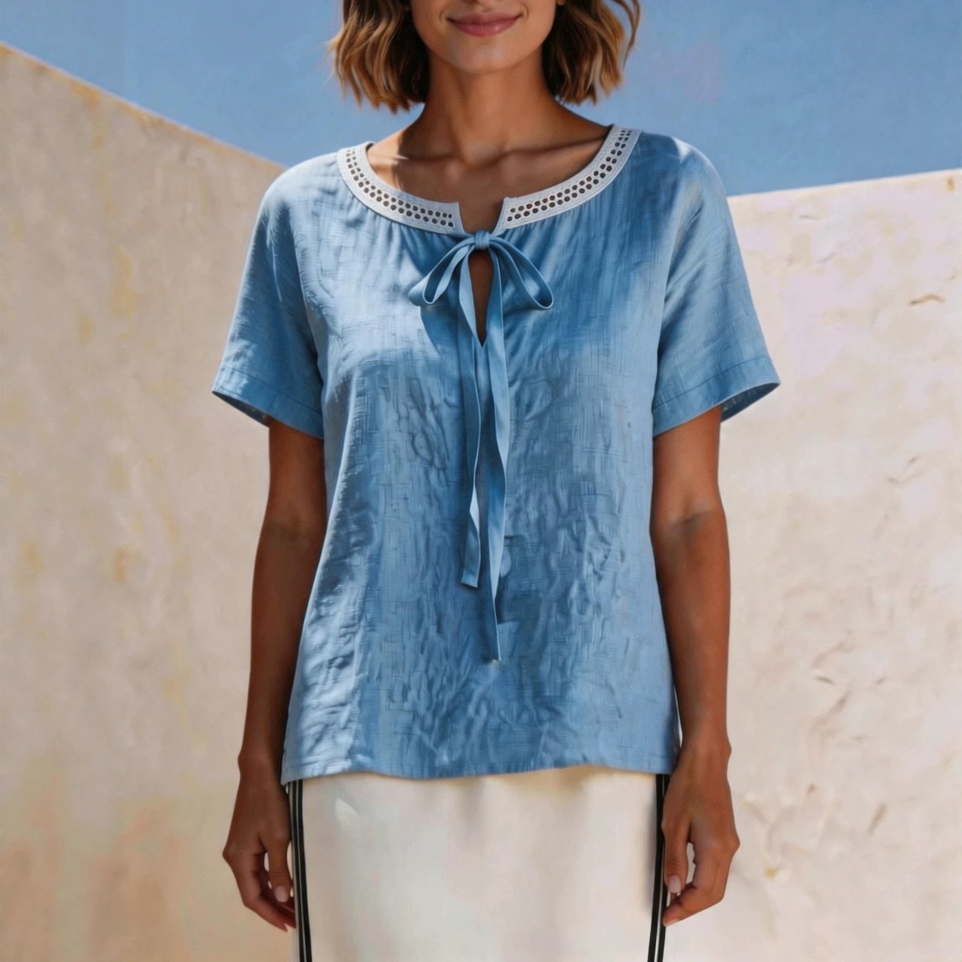 Elegant Lace Trim Tie Front Summer T Shirts for Women Fresh Fashion Casual Blouse