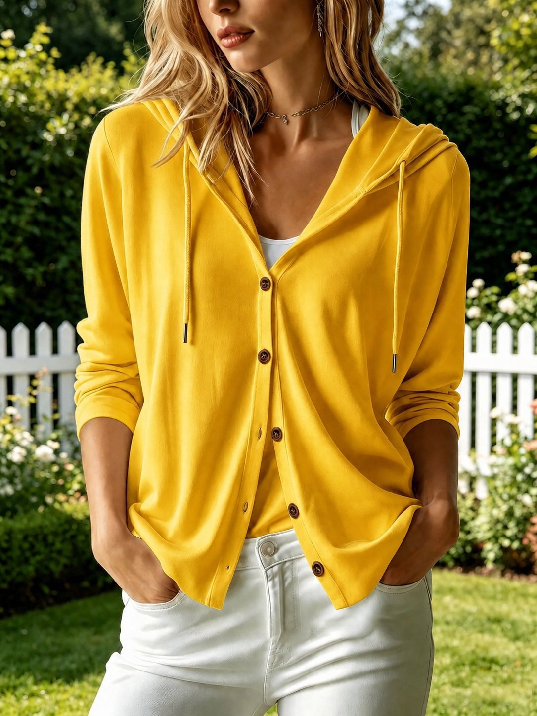 Women Casual Long Sleeve V Neck Button Hooded Cardigan Solid Streetwear Hoodie Tops