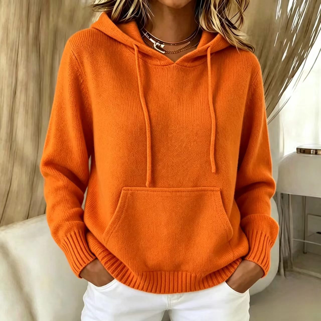 Women Loose Long Sleeve Knit Hoodie Pullover with Pocket, Casual Solid Hooded Sweater for Fall