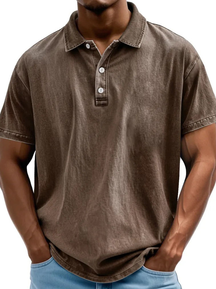 Clearance Sale🔥Men’s Vintage Washed Short Sleeve Polo Shirt, Casual Collared 3-Button Tee