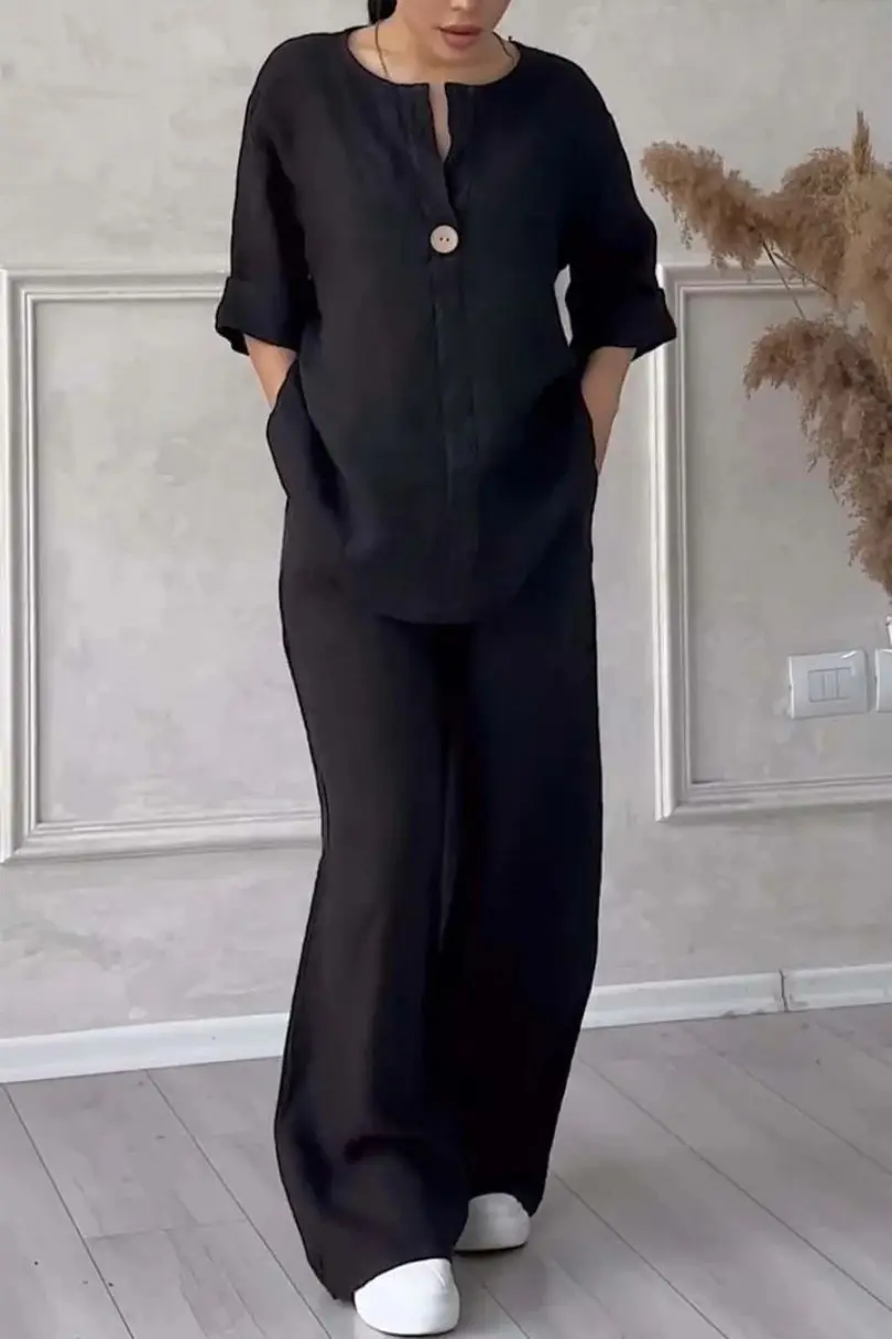 V-neck Long-sleeved Top + Wide-leg Pants Two-piece Loose Set For Women Spring Summer Fashion Solid Color Elegant Casual Suit