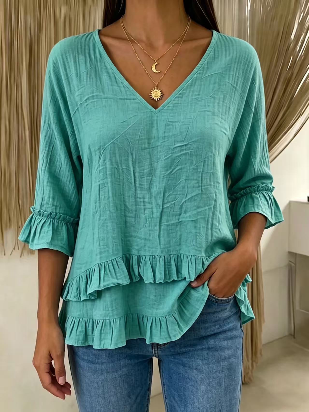👚Cotton Linen Ruffle V Neck 3/4 Sleeve Women Blouse✨