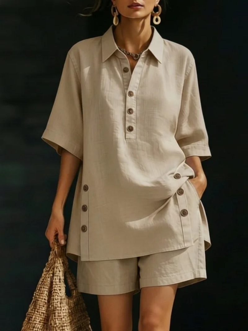 🎄Cozy Loose-fitting Button Shirt And Shorts Linen Two-piece Set